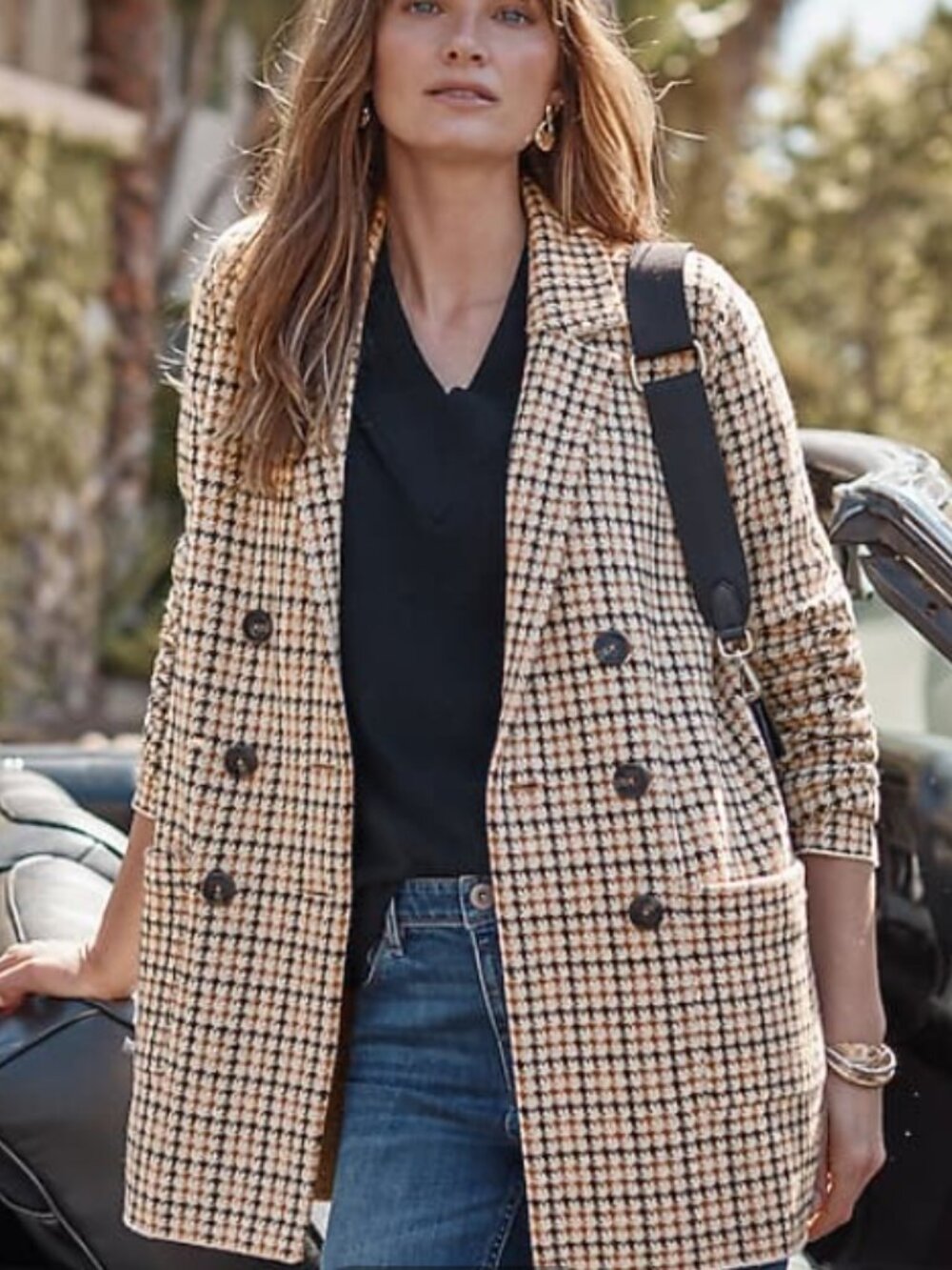 ⚫ J. Jill-Double Breasted- Houndstooth- Lightweight Blazer-Black and Tan-Small